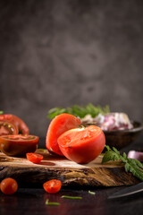 Tomatoes on rustic kitchen counter