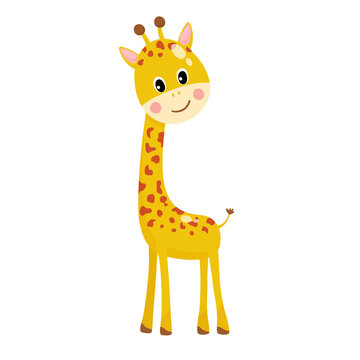 Vector illustration of cute giraffe isolated animal in cartoon style on white background. Use for kids app, game, book, clothing print T-shirt print, baby shower.
