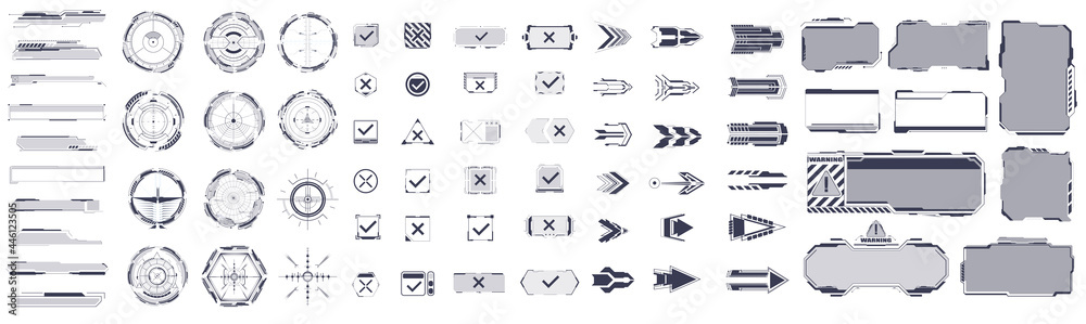 Poster a large set of futuristic elements buttons, shelves, frames, pointers for movies or games. high tech