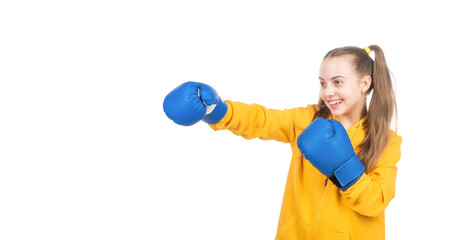 happy kid boxer in boxing gloves ready to fight and punch isolated on white, self-defense