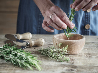 Female hands and fresh organic rosemary on vintage wooden table. Copy space.