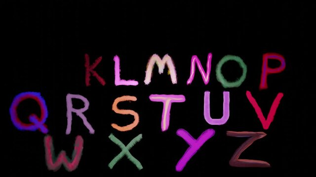 Colorful hand painted letters , alphabet  appears against black background. 3d animation render