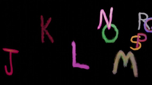Scrolling letters, alphabet moving to left of screen. Hand painted colorful writing , text . Computer animation