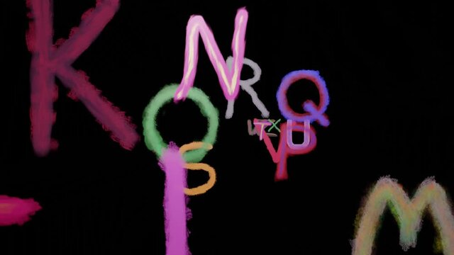 Scrolling letters, alphabet moving into screen. Hand painted colorful writing , text  fly through. Computer animation