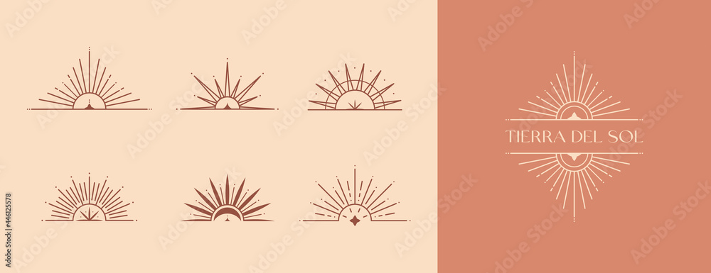 Sticker bundle of vector bohemian logo templates with sun,moon and sunburst.boho linear icons or symbols in 