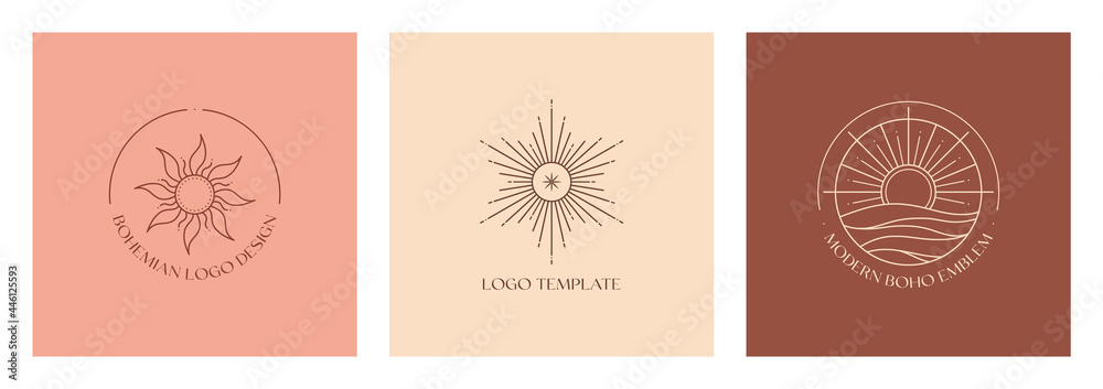 Poster set of vector linear boho emblems.bohemian logo designs with sea,sun and sunburst.modern celestial i