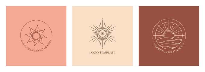 Set of vector linear boho emblems.Bohemian logo designs with sea,sun and sunburst.Modern celestial icons or symbols in trendy minimalist style.Branding design templates. © Xenia Artwork 