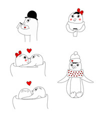Set of cute penguin characters for design. Postcard for Valentine's Day and Christmas, vector illustration.
