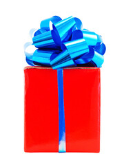Red gift box with blue ribbon bow, isolated on white