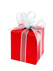 Red gift box with silver ribbon bow, isolated on white