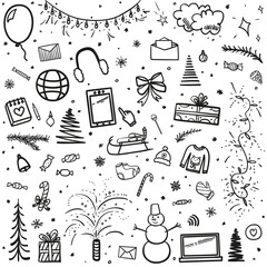 Hand drawn christmas elements. Abstract holiday signs and objects. Freehand drawings. Black and white illustration