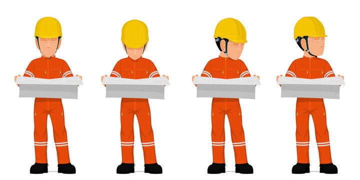 Set of industrial worker hold the engineering drawing on white background