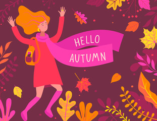 Autumn banner with happy girl and scarf with inscription hello autumn among colorful leaves. Fall season greeting flyer,presentation,reports,promotion,web and leaflet, poster, invitation, card. Vector © tandav