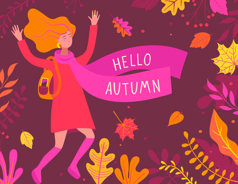 Autumn banner with happy girl and scarf with inscription hello autumn among colorful leaves. Fall season greeting flyer,presentation,reports,promotion,web and leaflet, poster, invitation, card. Vector