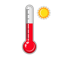 Thermometer in red color for hot weather with sun symbol