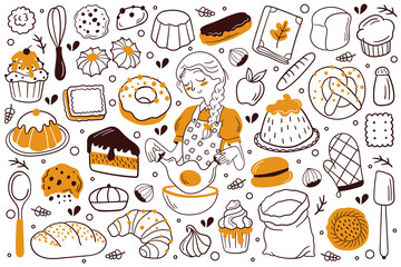 Set of doodle hand-drawn bread and bakery. Vector illustration. Croissant, baguette, bun, cake, cookie, biscuit, strudel, cupcake, muffin, donut.