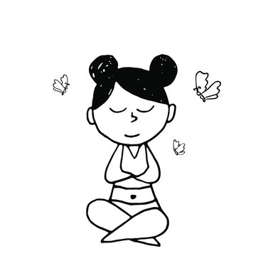 Hand-drawn cartoon girl sitting in lotus position with butterflies flying around her
