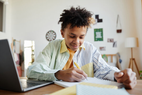Portrait of mixed-race teenage boy studying at home and smiling, copy space