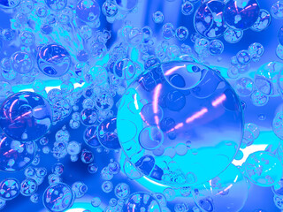Abstract composition of blue transparent spheres of different sizes. 3d rendering.