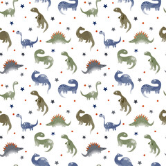 Seamless vector pattern different types of dinosaurs, imitation of watercolors, stars, blue-green shades on a white background.