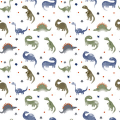 Naklejka premium Seamless vector pattern different types of dinosaurs, imitation of watercolors, stars, blue-green shades on a white background.