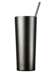 Travel cup for drinking. Reusable water bottle. Simple modern classic Insulated tumbler with straw. Stainless Steel bottle. Black Mug for Iced Coffee. Isolated white background.
