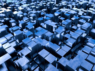 Abstract composition of cubes and parallelograms of different heights in dark blue colors. 3d rendering.