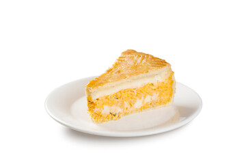 Slice of chicken pie with cheese on white background