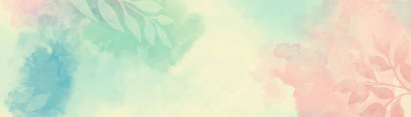 Pastel watercolor background with floral leaves and plant outlines in creative nature illustration, minimal design, soft watercolor blotches of pink blue and green on beige banner