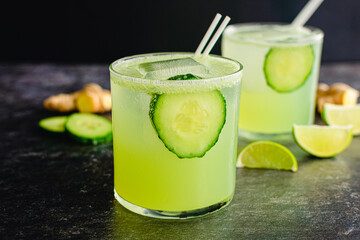 Tart and Crisp Cucumber Ginger Gin Fizz Cocktails: Gin fizz cocktails made with cucumber, ginger, and lime juice