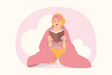 Young girl read hold book novel diary sit wrap cover under blanket duvet concept
