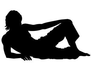Lying Man - Black vector silhouette for logo or pictogram. The guy lies on his side with one leg bent - a silhouette for a sign or icon. - obrazy, fototapety, plakaty