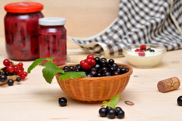 basket with currant berries and jars of jam on the table