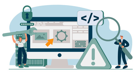 Website architecture abstract concept vector illustration set. Web development, PHP and MySql, CMS content management system, interface design, software testing, application coding abstract metaphor.