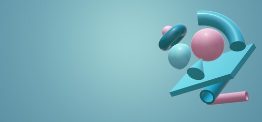 3d Abstract theme for trendy designs. Spheres, torus, tubes, cones in blue and pink colors, realistic primitives composition. Flying shapes in motion isolated on blue background. 