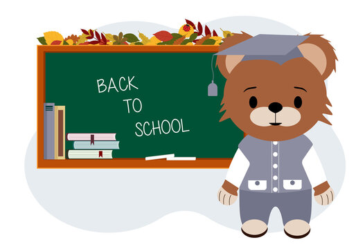 Illustration of a cute teddy bear near the school board