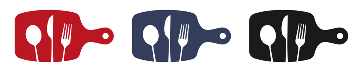 Dishes. Spoon, fork, knife and cutting board icons set, menu logo, cutlery silhouette. Vector illustration