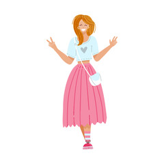 Naklejka premium Fashionable girl in pink skirt showing a hand gesture of the victory sign. Isolated hand drawn flat vector illustration