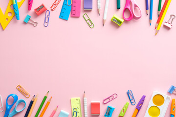 Back to school concept. Frame of school supplies on pink background. Flat lay, top view, overhead