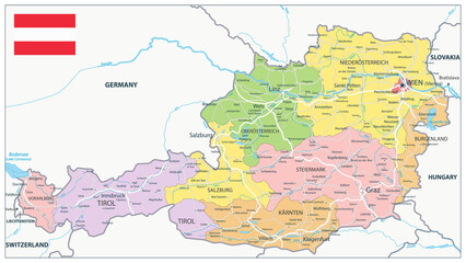 Austria Administrative Map and Roads - obrazy, fototapety, plakaty