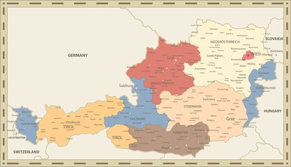 Austria Administrative Map Retro Color