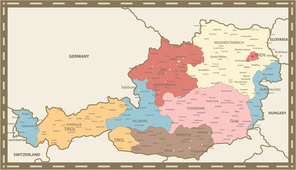 Austria Administrative Map Vintage Color