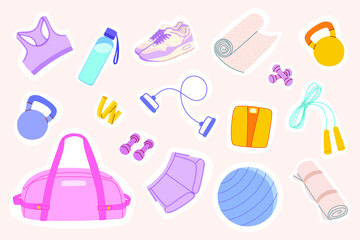 A large colorful flat vector cartoon sports set consisting of shorts, a top, a dumbbell, a kettlebell, a mat, a jump rope, a fit ball, scales, a bag, etc.