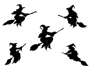 Set of witch's silhouettes. Simple witch on the broom