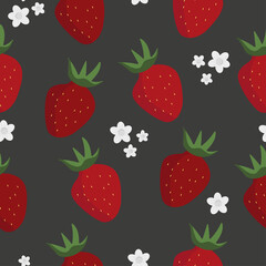 Red strawberry and white flower seamless pattern on black background. Cartoon vector illustration