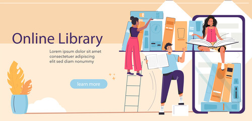 Characters reading book in online library and studying with smartphone vector Illustration banner. Students learning online at home landing page. App for reading, buying and downloading books.
e learn