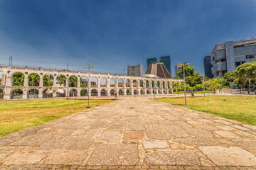 Naklejka premium Lapa Rio de Janeiro Brazil - December 2020: The Carioca Aqueduct with no people around during the height of the COVID-19 Pandemic.