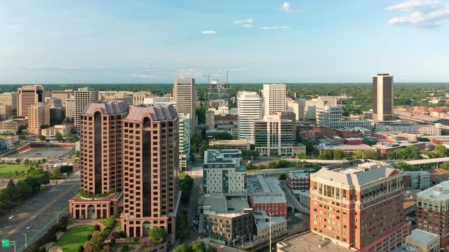 Aerial view of Richmond, VA skyline with slow approach towards the Virginia State Capitol. Richmond is the capital city of the Commonwealth of Virginia in the United States