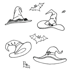 Magic pointed wizard hats and bat. Clothes Halloween party witch costume. Hand drawn black doodle sketch outline tattoo engraving. Stock vector illustration isolated on white background.