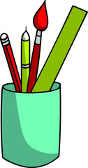 glass with office supplies, pens, brushes in a stand, school supplies